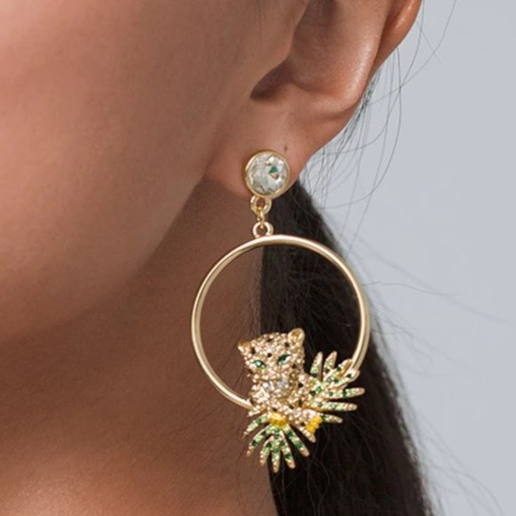 WHBM GOLDTONE PAVÉ CHEETAH DROP HOOP EARRINGS - Picture 3 of 5